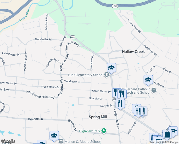 map of restaurants, bars, coffee shops, grocery stores, and more near 6805 Fernhaven Road in Louisville