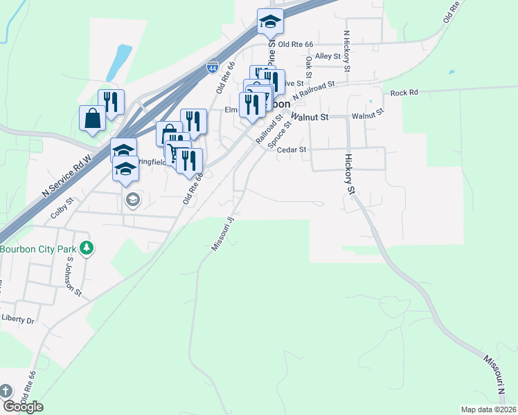 map of restaurants, bars, coffee shops, grocery stores, and more near 340 Hillcrest Drive in Bourbon