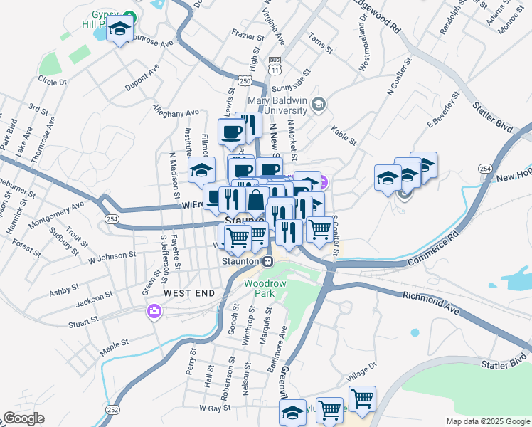 map of restaurants, bars, coffee shops, grocery stores, and more near 17 North Augusta Street in Staunton