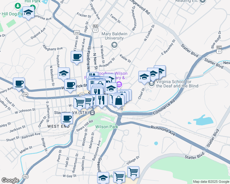 map of restaurants, bars, coffee shops, grocery stores, and more near East Beverley Street in Staunton