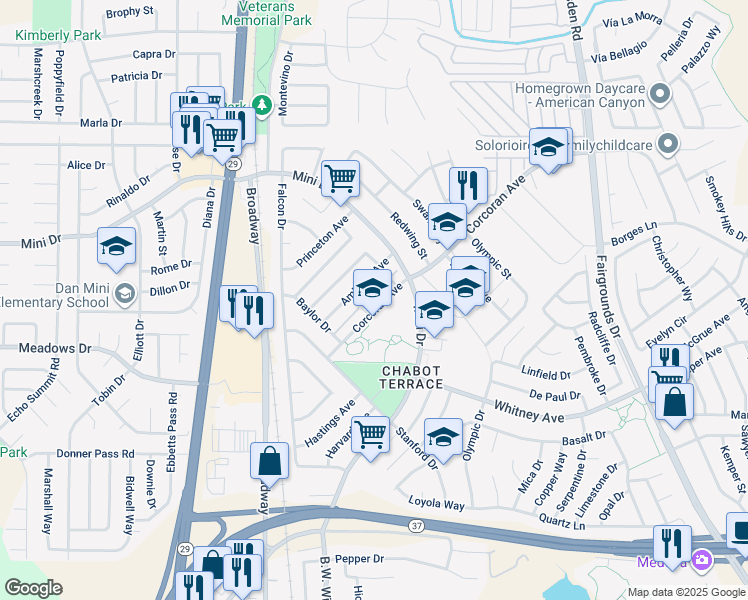 map of restaurants, bars, coffee shops, grocery stores, and more near 444 Corcoran Avenue in Vallejo