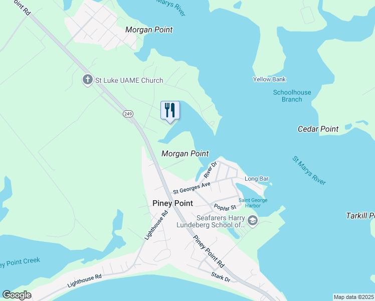 map of restaurants, bars, coffee shops, grocery stores, and more near 45326 Morgan Point Lane in Piney Point