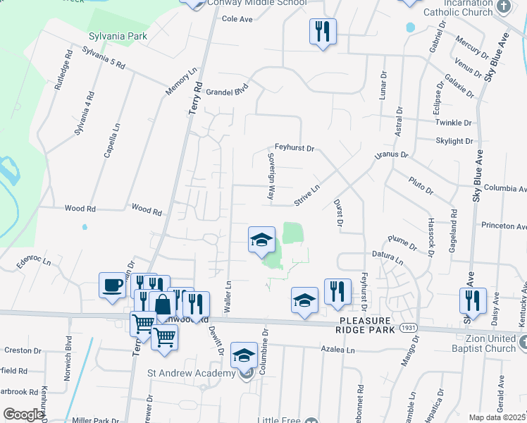 map of restaurants, bars, coffee shops, grocery stores, and more near 7302 Strive Lane in Louisville