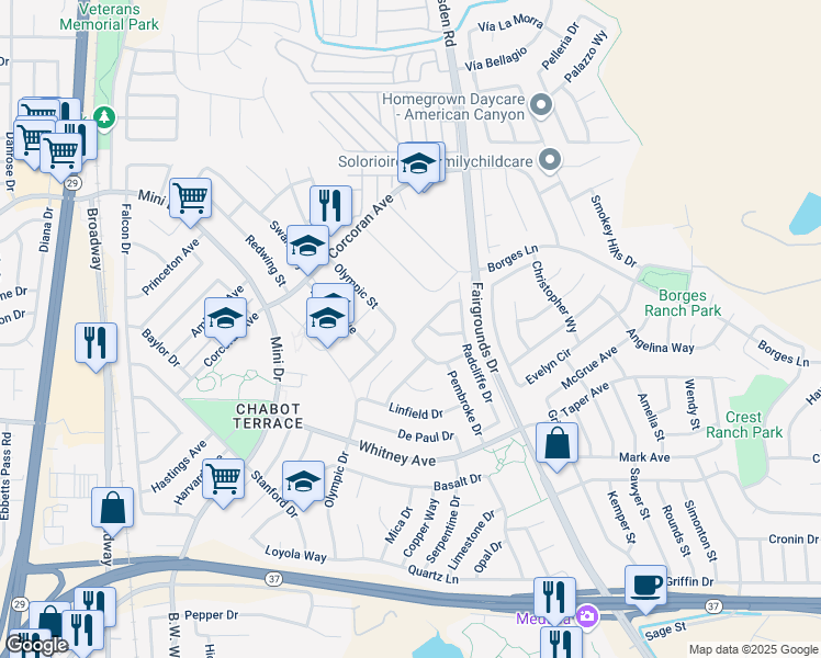 map of restaurants, bars, coffee shops, grocery stores, and more near 345 Fordham Circle in Vallejo