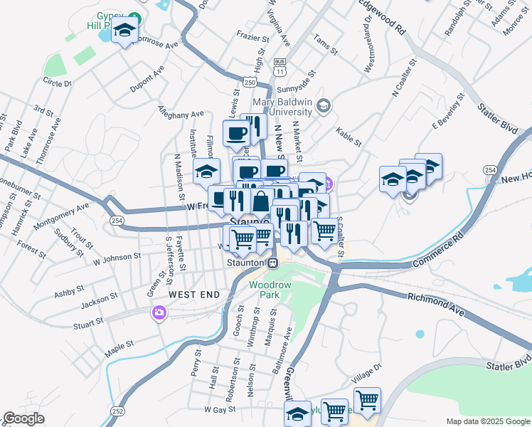 map of restaurants, bars, coffee shops, grocery stores, and more near 17 North Augusta Street in Staunton