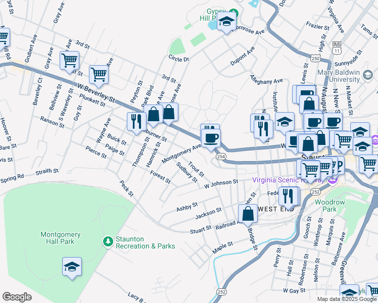 map of restaurants, bars, coffee shops, grocery stores, and more near 925 Trout Street in Staunton