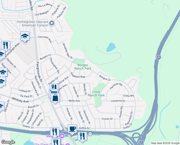 map of restaurants, bars, coffee shops, grocery stores, and more near 520 Angelina Way in Vallejo