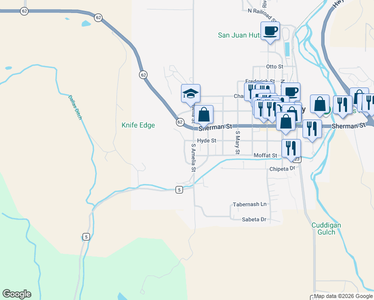 map of restaurants, bars, coffee shops, grocery stores, and more near 226 Marie St in Ridgway