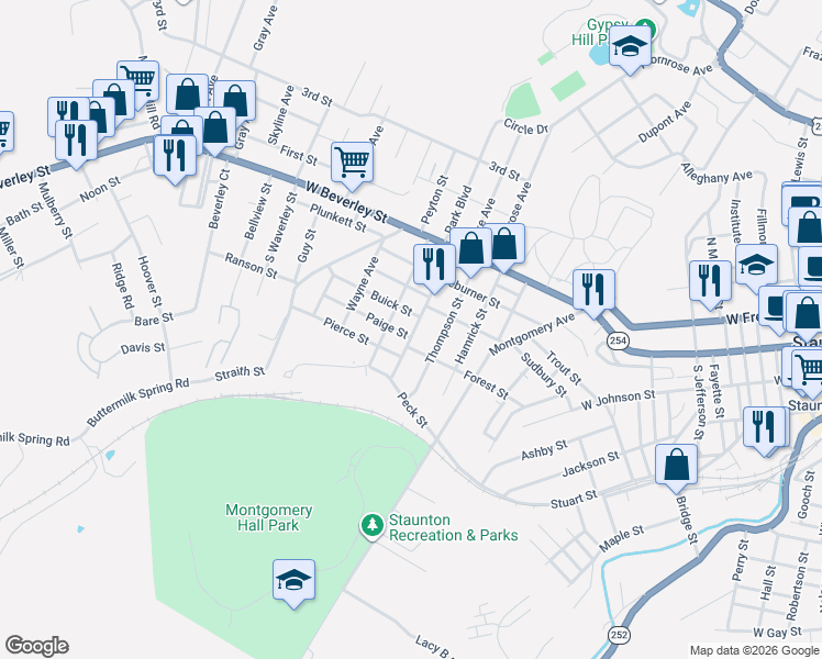 map of restaurants, bars, coffee shops, grocery stores, and more near 318 Austin Avenue in Staunton