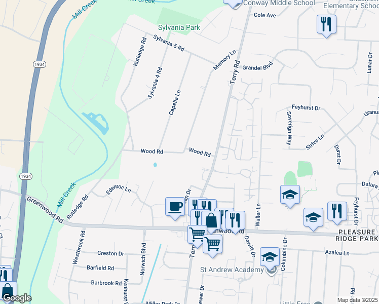 map of restaurants, bars, coffee shops, grocery stores, and more near 6911 Wood Road in Louisville
