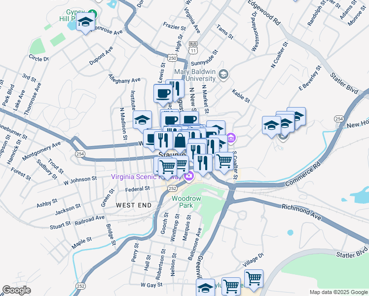 map of restaurants, bars, coffee shops, grocery stores, and more near 17 North Augusta Street in Staunton