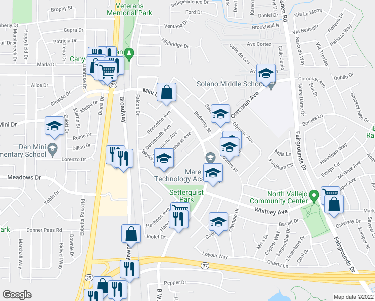 map of restaurants, bars, coffee shops, grocery stores, and more near 585 Mini Drive in Vallejo