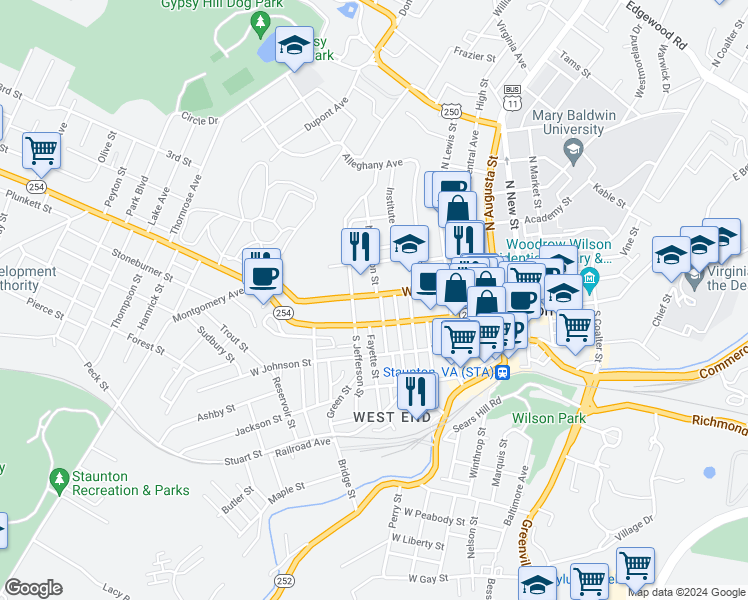 map of restaurants, bars, coffee shops, grocery stores, and more near 15 North Jefferson Street in Staunton