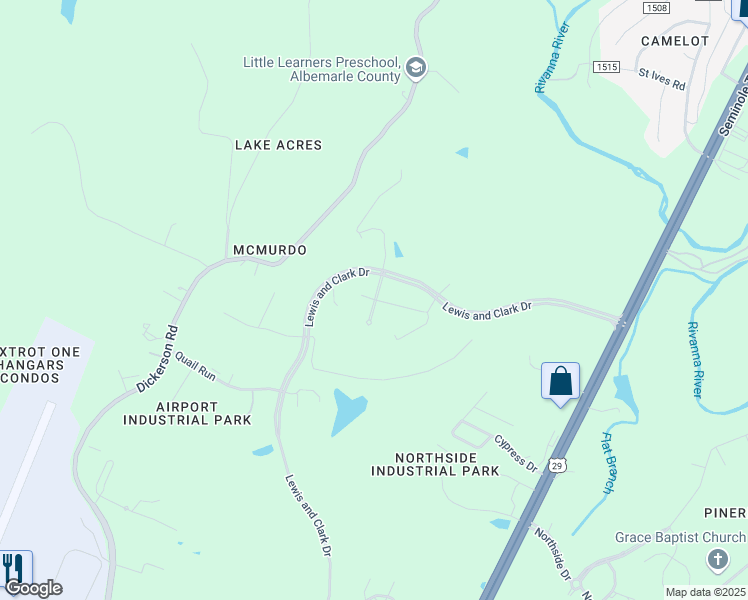 map of restaurants, bars, coffee shops, grocery stores, and more near Research Park Boulevard in Albemarle County