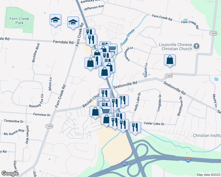 map of restaurants, bars, coffee shops, grocery stores, and more near Bardstown Road & Seatonville Road in Louisville