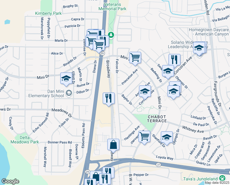 map of restaurants, bars, coffee shops, grocery stores, and more near 526 Falcon Drive in Vallejo
