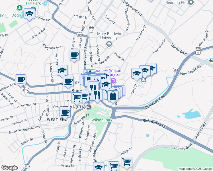 map of restaurants, bars, coffee shops, grocery stores, and more near in Staunton