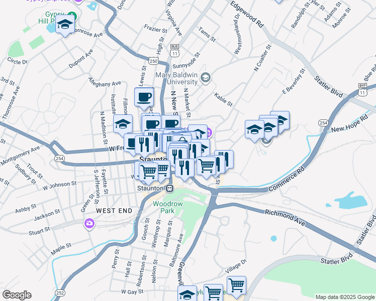 map of restaurants, bars, coffee shops, grocery stores, and more near 26 South New Street in Staunton