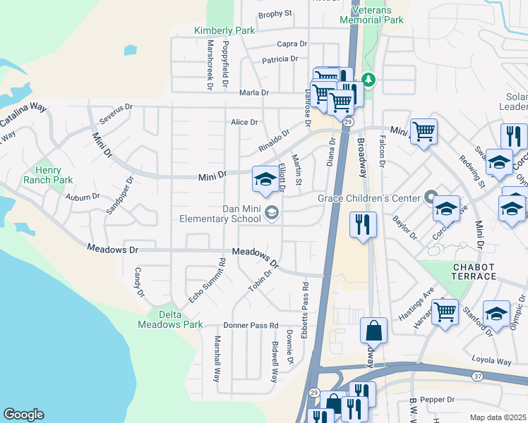 map of restaurants, bars, coffee shops, grocery stores, and more near 1530 Lorenzo Drive in Vallejo