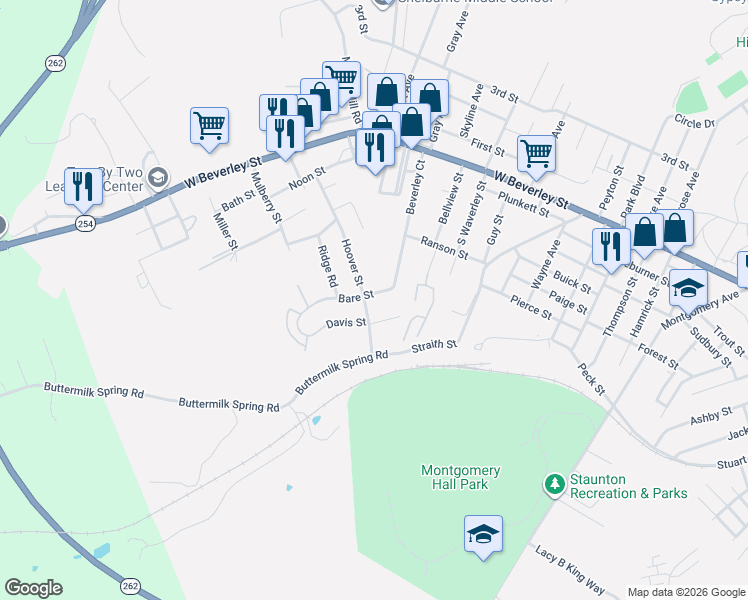 map of restaurants, bars, coffee shops, grocery stores, and more near 503 Hoover Street in Staunton