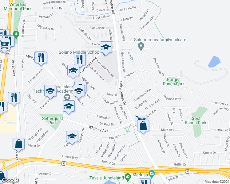 map of restaurants, bars, coffee shops, grocery stores, and more near 310 Radcliffe Drive in Vallejo