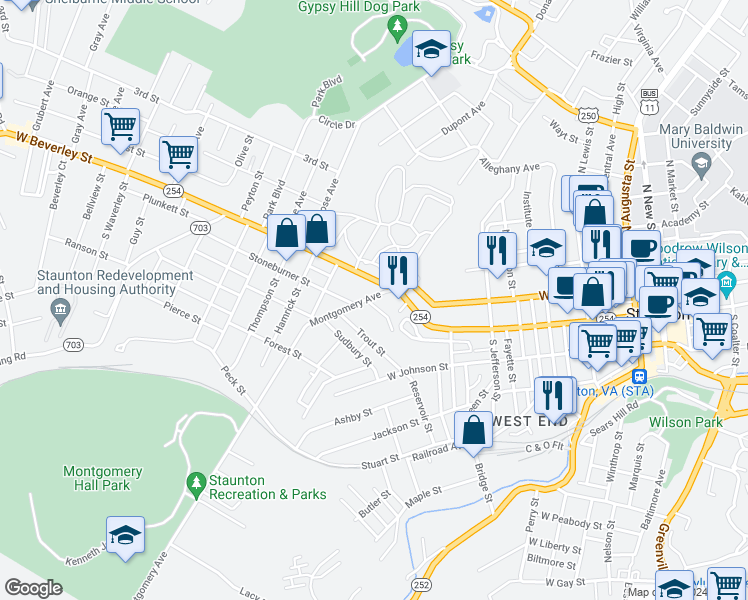 map of restaurants, bars, coffee shops, grocery stores, and more near 981 Kinzley Court in Staunton