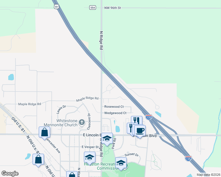 map of restaurants, bars, coffee shops, grocery stores, and more near 400 Maple Ridge Road in Hesston