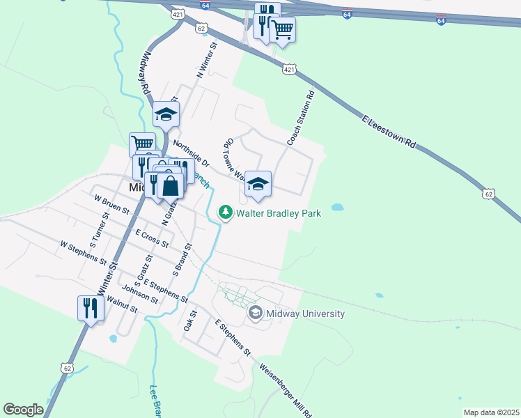 map of restaurants, bars, coffee shops, grocery stores, and more near 500 Northside Drive in Midway