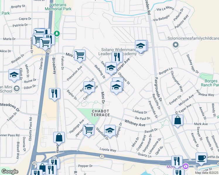 map of restaurants, bars, coffee shops, grocery stores, and more near 2 Positive Place in Vallejo
