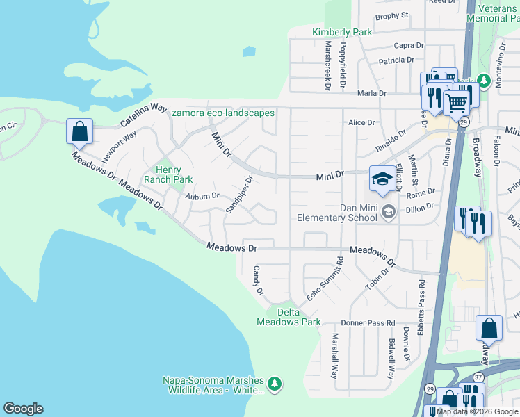 map of restaurants, bars, coffee shops, grocery stores, and more near 101 Gold Hill Way in Vallejo