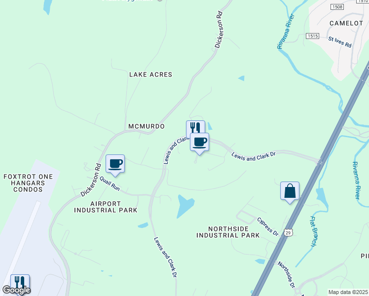map of restaurants, bars, coffee shops, grocery stores, and more near 4105 Lewis and Clark Drive in Charlottesville