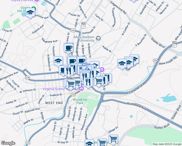 map of restaurants, bars, coffee shops, grocery stores, and more near 26 South New Street in Staunton