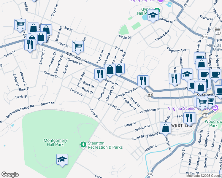 map of restaurants, bars, coffee shops, grocery stores, and more near 1120 Walnut Street in Staunton