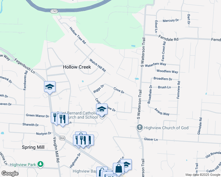 map of restaurants, bars, coffee shops, grocery stores, and more near 7504 Cove Drive in Louisville