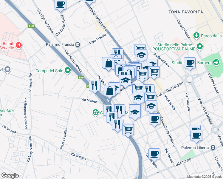 map of restaurants, bars, coffee shops, grocery stores, and more near 69 Via Monti Iblei in Palermo