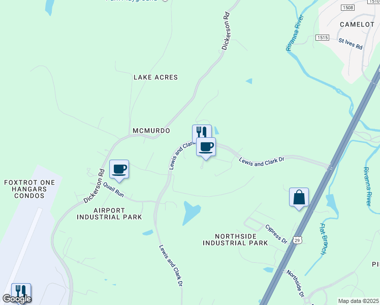 map of restaurants, bars, coffee shops, grocery stores, and more near Research Park Boulevard in Albemarle County