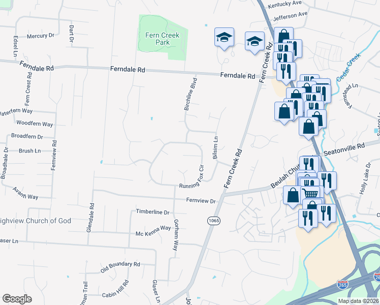 map of restaurants, bars, coffee shops, grocery stores, and more near 8812 Running Fox Circle in Louisville