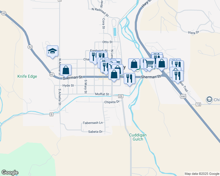 map of restaurants, bars, coffee shops, grocery stores, and more near 294 South Cora Street in Ridgway