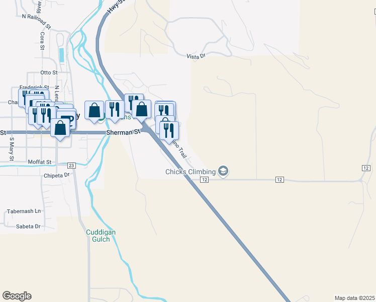 map of restaurants, bars, coffee shops, grocery stores, and more near 283 Palomino Trail in Ridgway