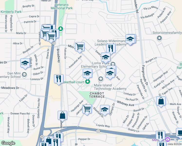 map of restaurants, bars, coffee shops, grocery stores, and more near 585 Mini Drive in Vallejo