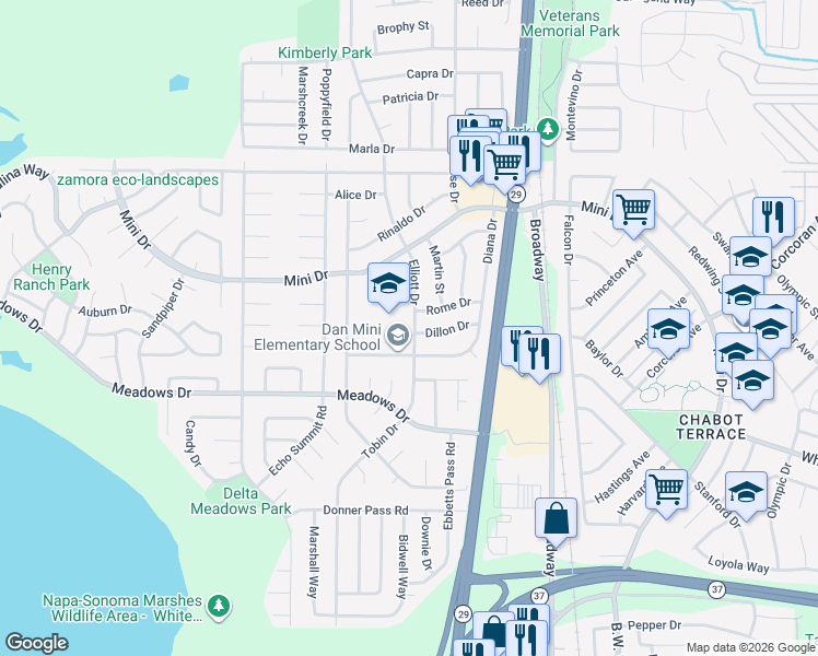 map of restaurants, bars, coffee shops, grocery stores, and more near 1600 Lorenzo Drive in Vallejo