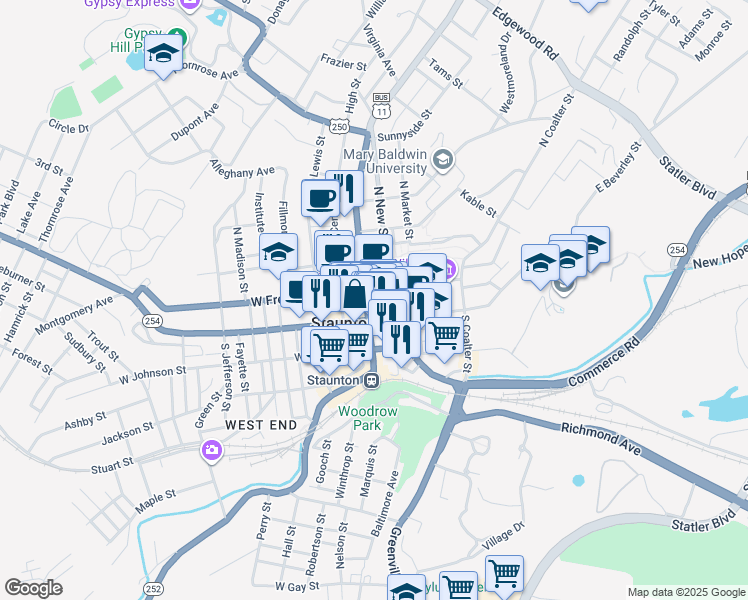 map of restaurants, bars, coffee shops, grocery stores, and more near 17 North Augusta Street in Staunton