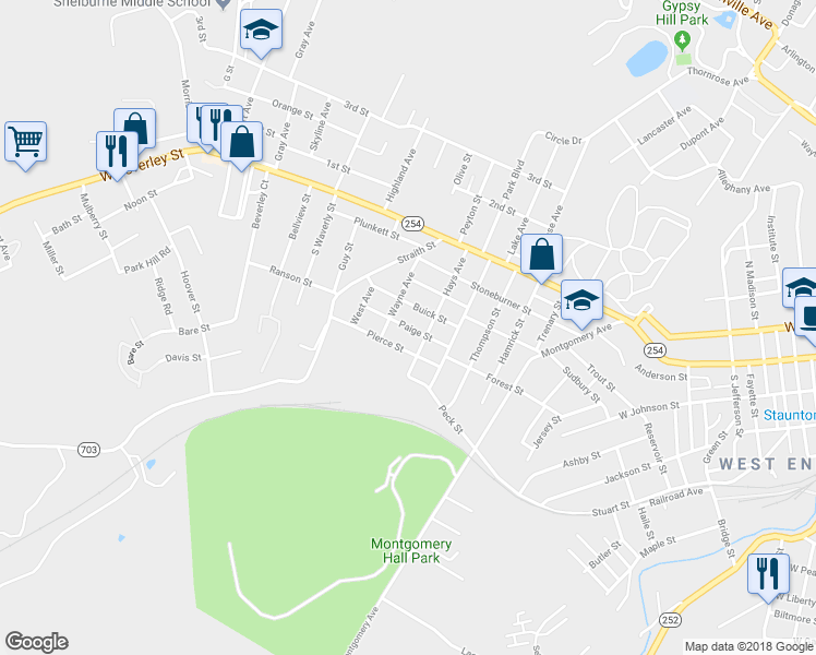map of restaurants, bars, coffee shops, grocery stores, and more near 1615 Paige Street in Staunton