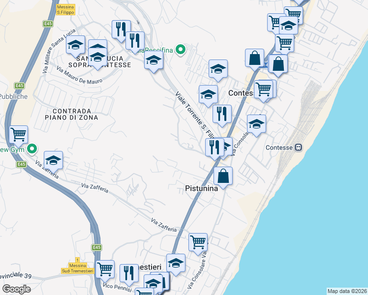 map of restaurants, bars, coffee shops, grocery stores, and more near 6 Strada Comunale Santa Lucia in Messina