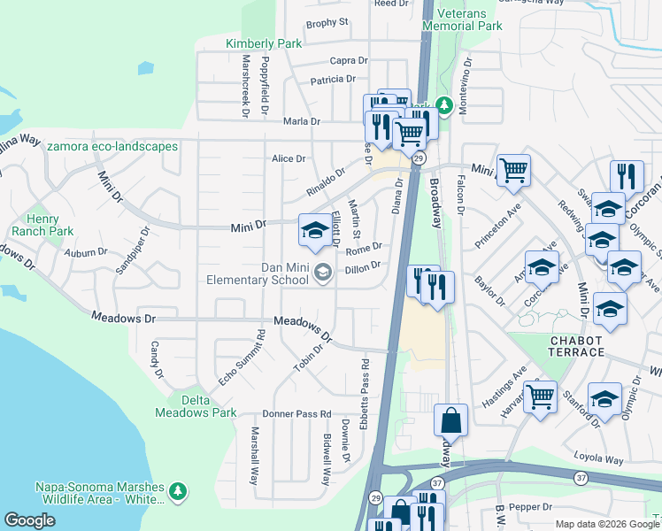 map of restaurants, bars, coffee shops, grocery stores, and more near 1600 Lorenzo Drive in Vallejo