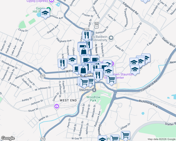 map of restaurants, bars, coffee shops, grocery stores, and more near 122 North Central Avenue in Staunton