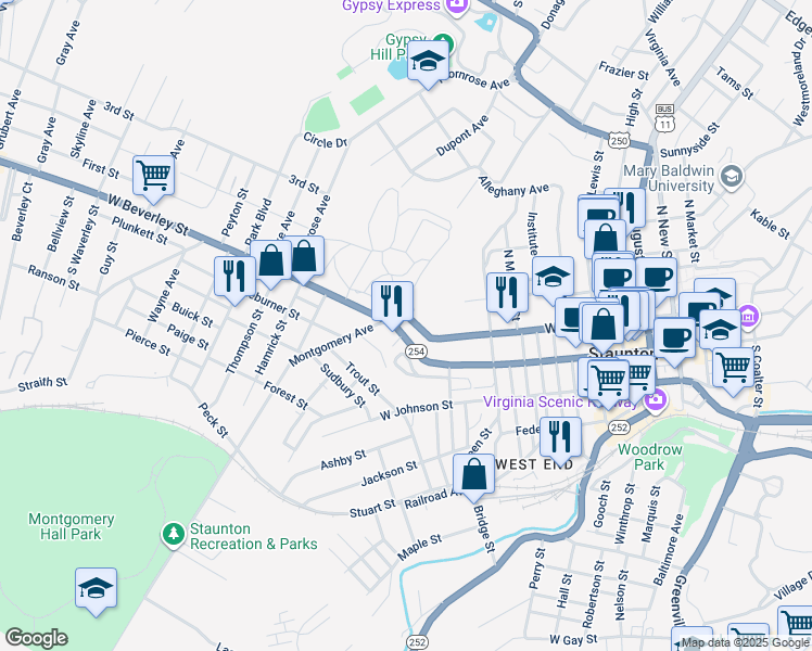 map of restaurants, bars, coffee shops, grocery stores, and more near 1008 West Beverley Street in Staunton