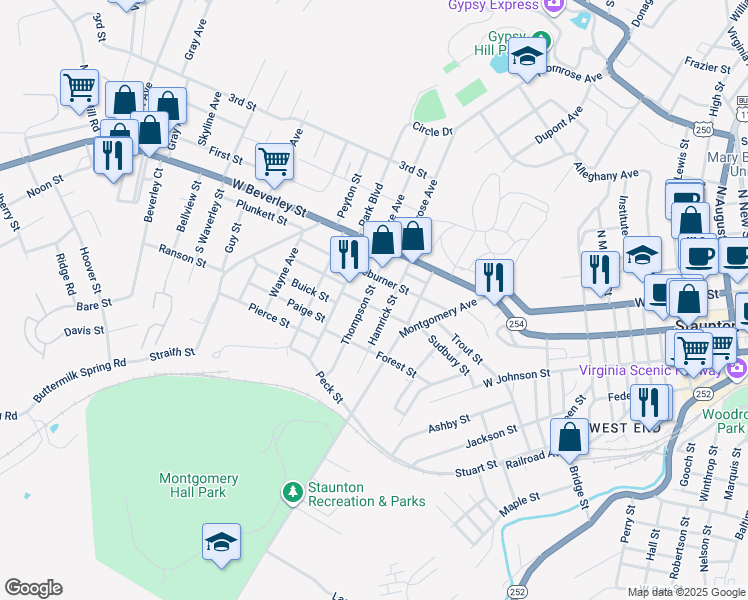 map of restaurants, bars, coffee shops, grocery stores, and more near 1213 Stoneburner Street in Staunton