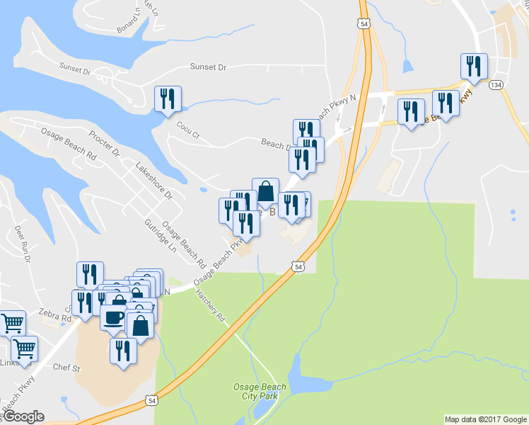 map of restaurants, bars, coffee shops, grocery stores, and more near in Osage Beach