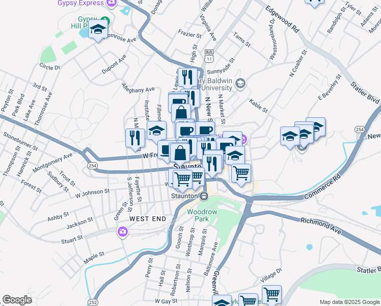 map of restaurants, bars, coffee shops, grocery stores, and more near 122 North Central Avenue in Staunton